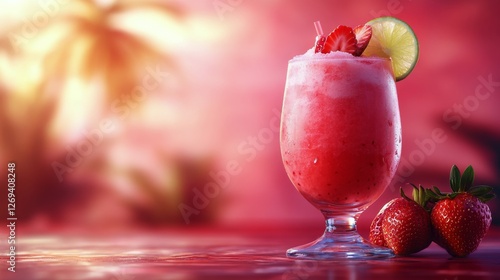 Refreshing fruit cocktail garnished with lime and strawberry against a vibran...