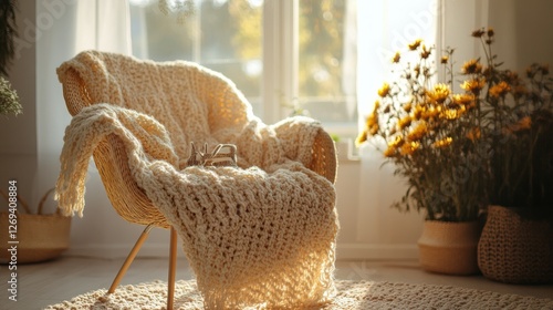 Cozy armchair draped with a blanket in a sunlit room with a houseplant