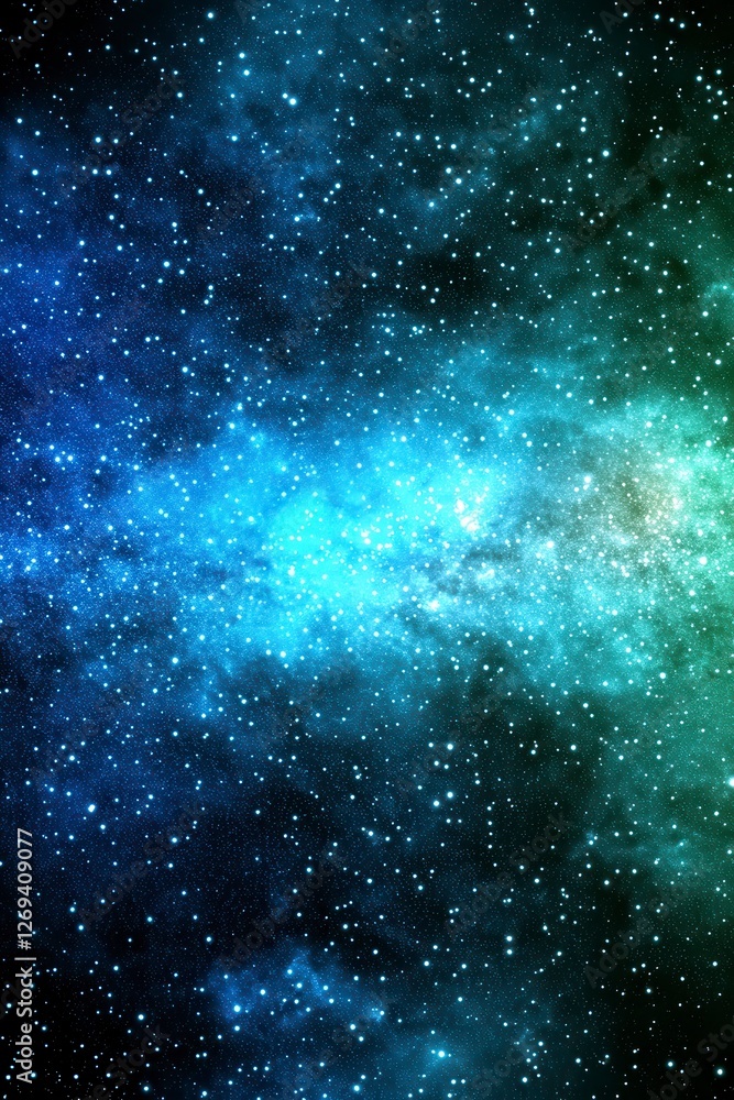 Obraz premium Vibrant nebula with blue, green, and teal hues. Countless stars fill the dark background, creating a cosmic landscape. The nebula's light seems to