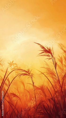 Vibrant sunset over golden fields with tall grass swaying gently in the eveni...