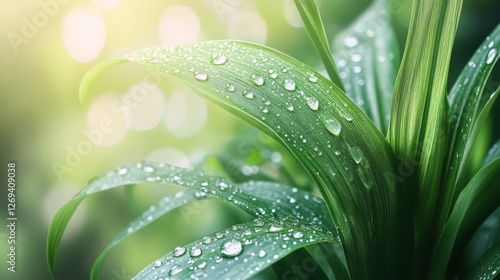 Lush green leaves glistening with water droplets under soft sunlight in a ser...
