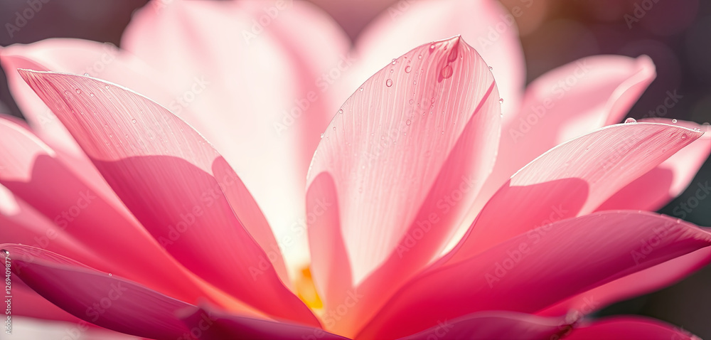Fototapeta premium A stunning pink lotus flower is fully open, revealing delicate petals glistening with dew. It grows gracefully near a peaceful pond, surrounded by soft natural light