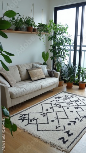 Cozy living room with plants and a stylish rug in a light-filled space