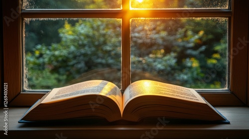 Morning sunlight illuminates an open book by a window surrounded by greenery ...
