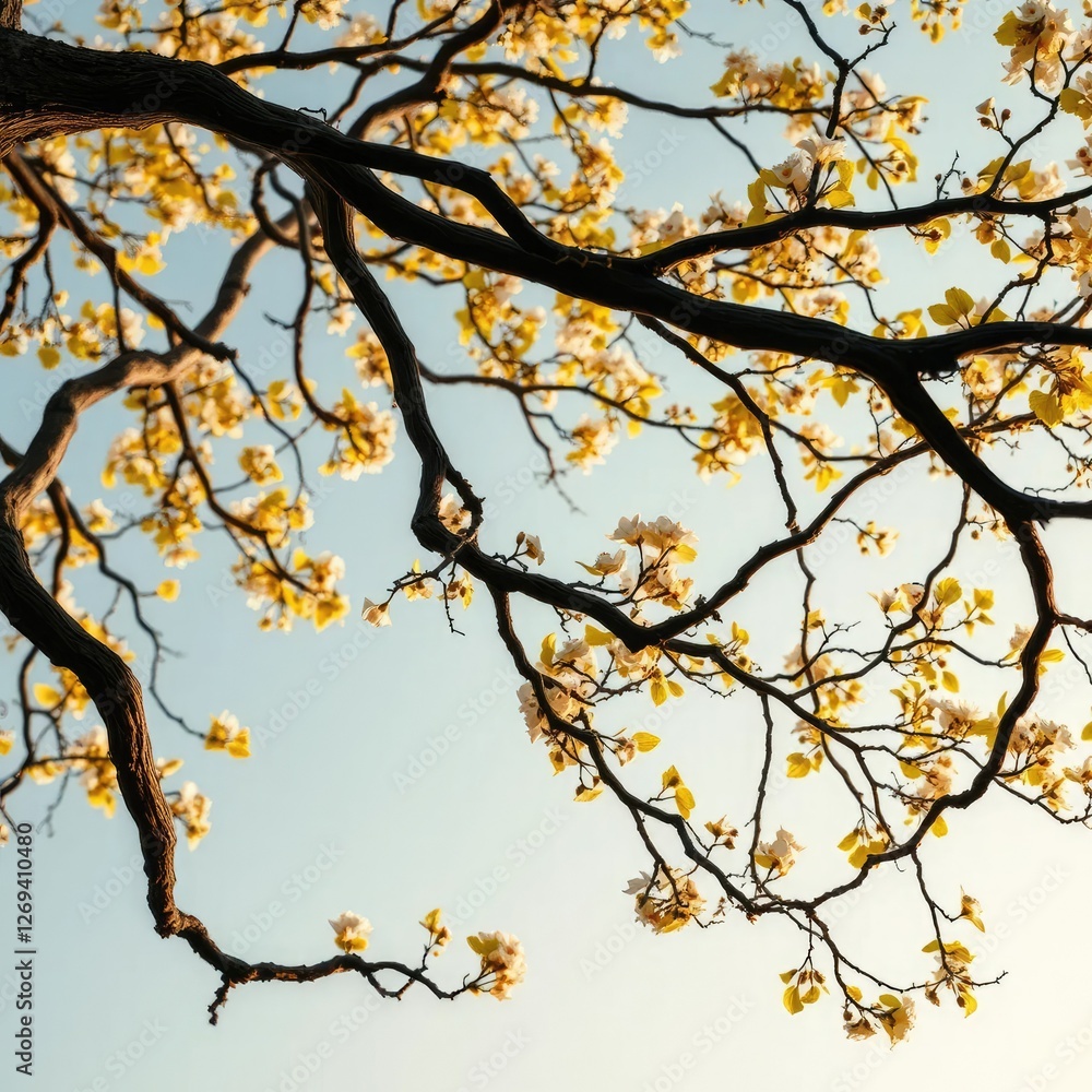 Twisted dark tree branches stretch towards the sky with yellowing leaves and white flowers, tree, twisted branches, branch Twisted dark tree branches stretch towards the sky with yellowing leaves and white flowers, tree, twisted branches, branch