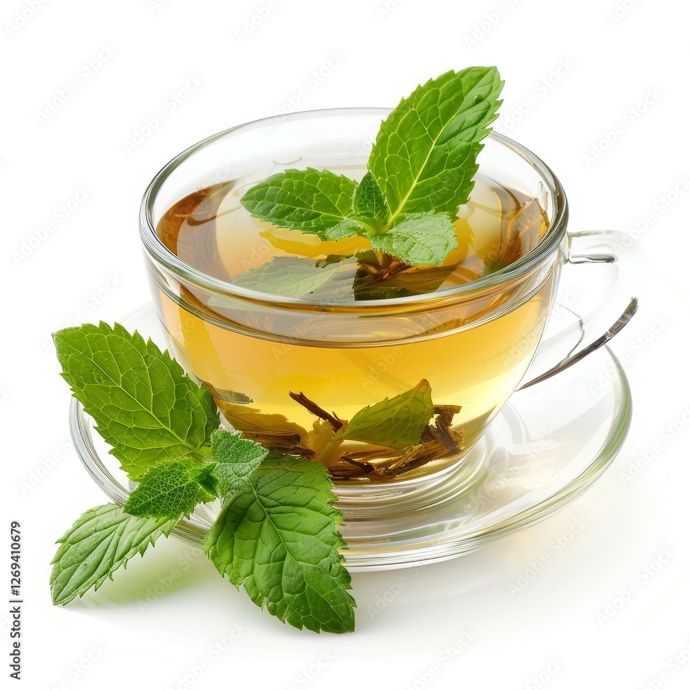 A clear glass cup holds fragrant herbal tea garnished with fresh mint leaves, resting on a saucer. A clear glass cup holds fragrant herbal tea garnished with fresh mint leaves, resting on a saucer.