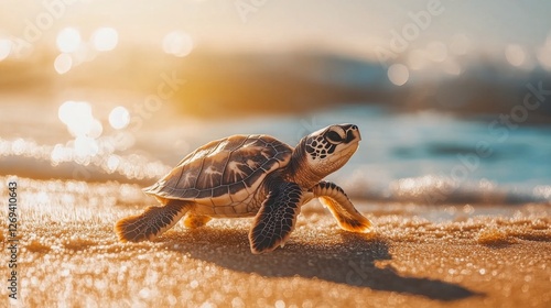 Baby turtle crawls towards the ocean during golden hour reflecting sunlight o...