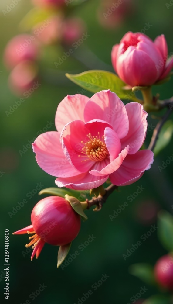Delicate pink petals unfolding on a flowering pomegranate tree branch, flowers blooming, greenery Delicate pink petals unfolding on a flowering pomegranate tree branch, flowers blooming, greenery