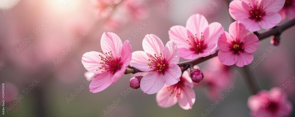 Obraz premium Delicate pink petals unfurl on a spring bloom tree branches softly, pink flowers, floral arrangement