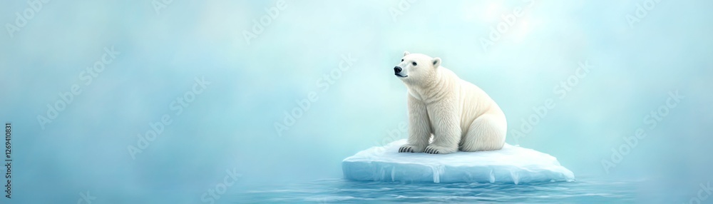 Fototapeta premium A solitary polar bear sits on a small ice floe in a serene, icy blue environment, representing the beauty and fragility of Arctic ecosystems.