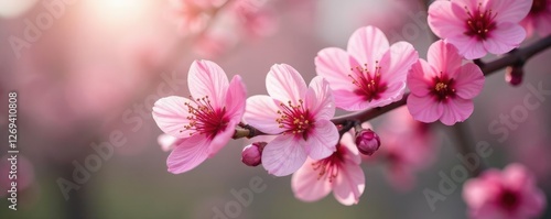 Delicate pink petals unfurl on a spring bloom tree branches softly, pink flowers, floral arrangement