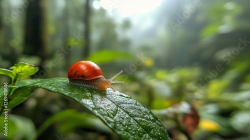 Colorful snail resting on a green leaf in a misty rainforest during early mor...