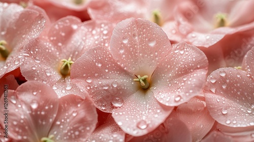 Vibrant pink tulips adorned with dew drops glisten under soft sunlight in a b...
