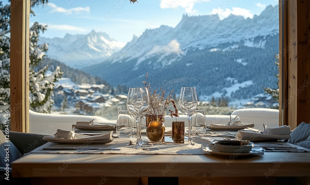 Fototapeta premium Luxurious mountain view dining experience.
