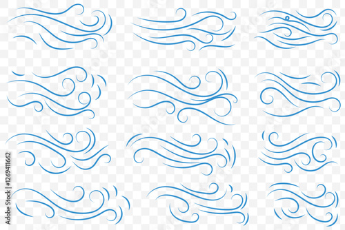 Doodle wind line sketch set. Hand drawn doodle wind motion, air blow, swirl elements. Sketch drawn air blow motion, smoke flow art, abstract line. Isolated on white background . vector illustration. 