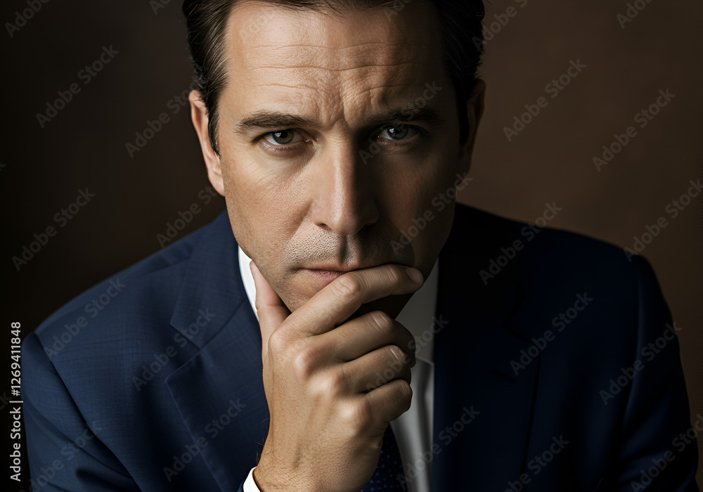 A man in a suit thinking with his chin on his hand, frowning as he looks at the camera The worries of a manager or president A man in a suit thinking with his chin on his hand, frowning as he looks at the camera The worries of a manager or president