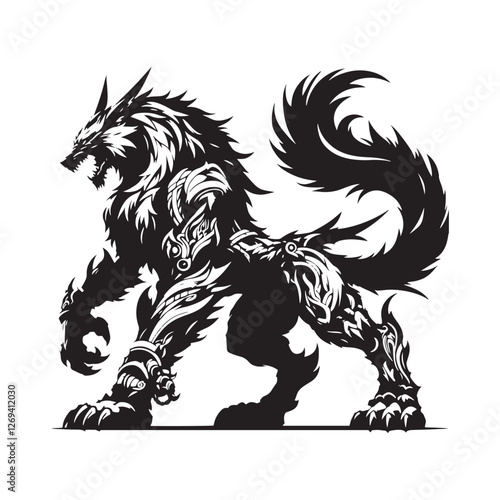 Norse wolf Fenrir silhouette, son of Loki and devourer of gods - Fenrir illustration - Fenrir vector - mythical creature silhouette
