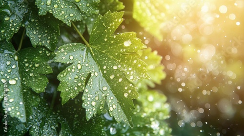Lush green leaves glistening with water droplets under soft sunlight in a ser...