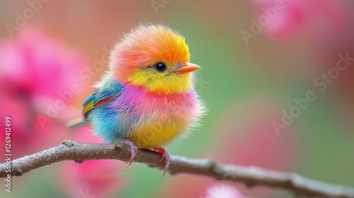 Colorful songbird perched on a branch surrounded by autumn leaves in a serene...