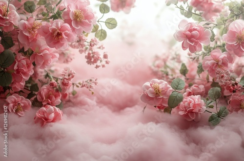 Soft pink flowers amidst fluffy clouds create a dreamy atmosphere in a serene...