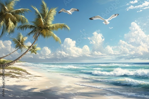 Coastal paradise with palm trees, seagulls, and gentle waves under a bright sky