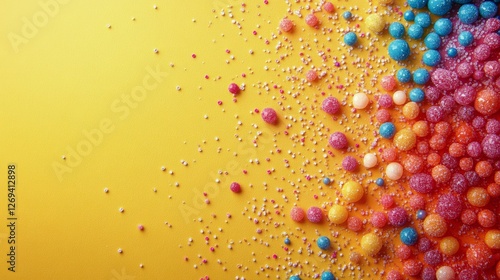 Colorful candy assortment scattered on bright yellow background for playful d...