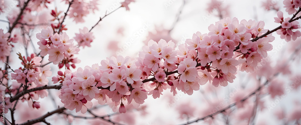 In a serene setting, delicate pink cherry blossoms flourish on branches, creating a breathtaking display of nature's beauty during the spring season In a serene setting, delicate pink cherry blossoms flourish on branches, creating a breathtaking display of nature's beauty during the spring season