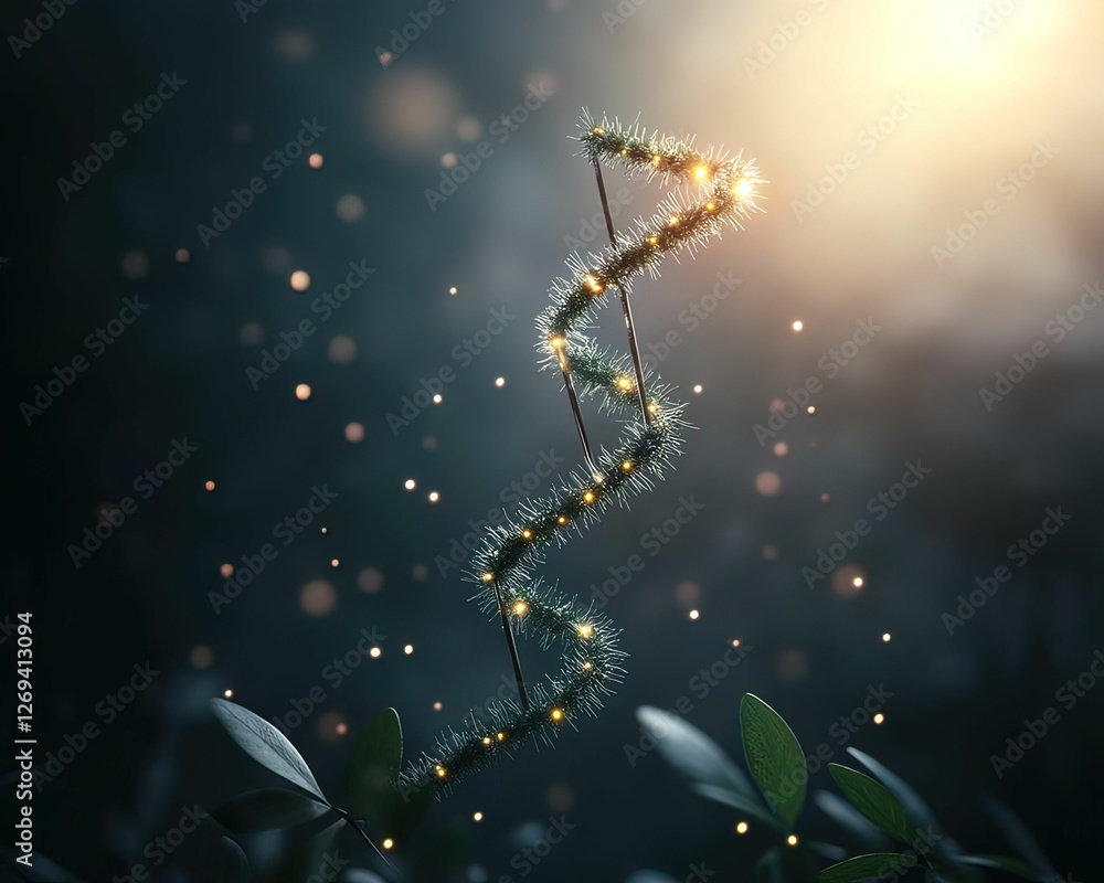 A glowing spiraled vine surrounded by soft light and floating particles in a mystical forest setting. A glowing spiraled vine surrounded by soft light and floating particles in a mystical forest setting.