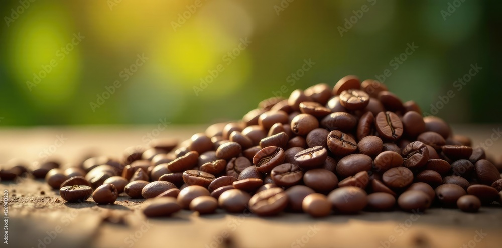 Obraz premium Freshly picked coffee beans on the farm table, earthy, morning light, natural