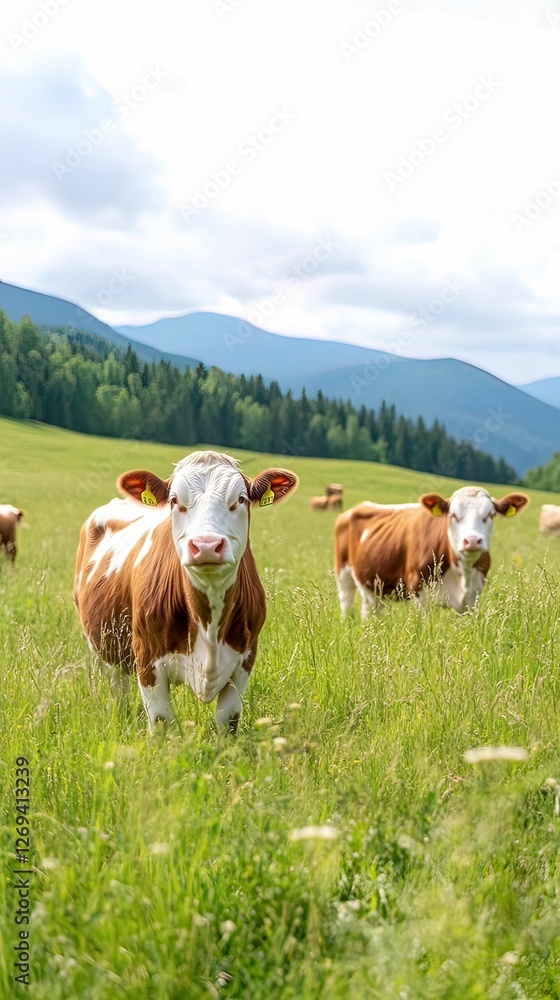 A serene landscape featuring brown and white cows grazing in a lush green field under a cloudy sky, with mountains in the background. A serene landscape featuring brown and white cows grazing in a lush green field under a cloudy sky, with mountains in the background.