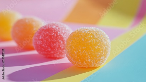 Colorful gummy candies arranged in vibrant rows on a bright background