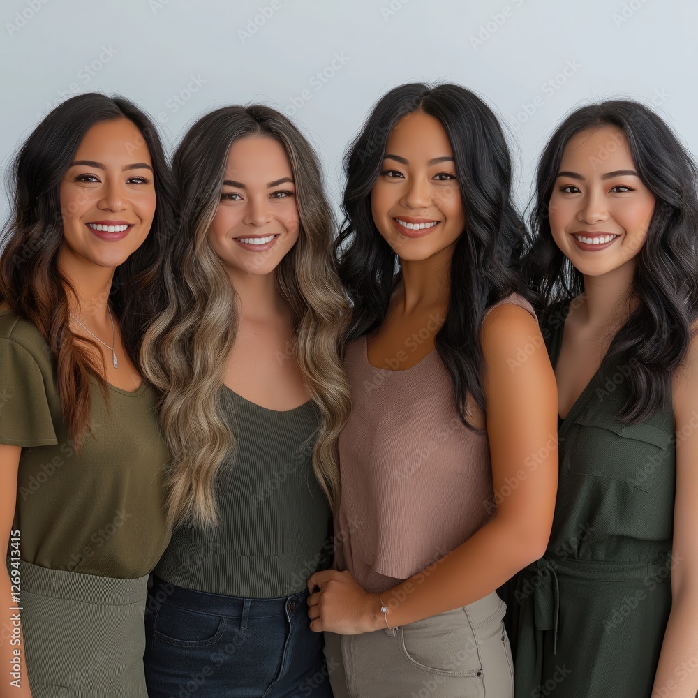 Group of four confident women from different ethnic backgrounds, each with long hair and full lips, standing together in dark casual attire on a white backdrop, symbolizing diversity and unity. Group of four confident women from different ethnic backgrounds, each with long hair and full lips, standing together in dark casual attire on a white backdrop, symbolizing diversity and unity.