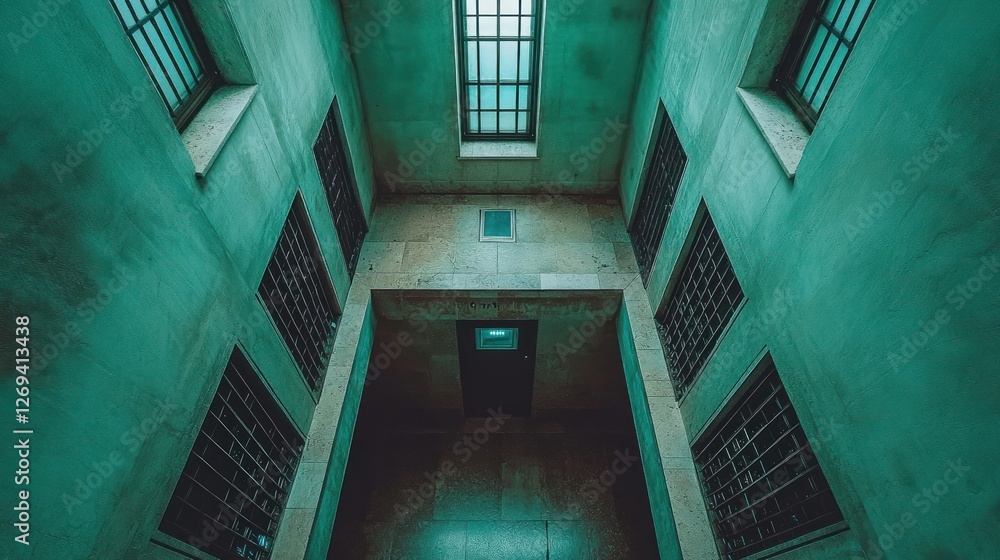 Obraz premium Dark teal building interior, high-angle view, central door, barred windows, design