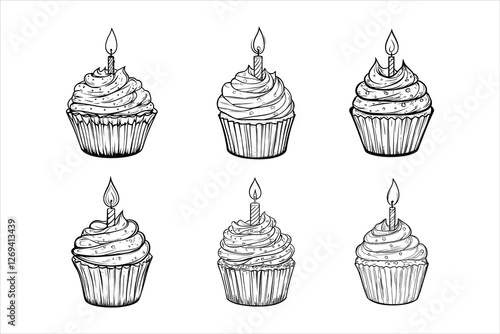 set of decorated cupcake with a lit candle on top, coloring page for kids,