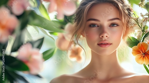 Portrait of a young woman surrounded by blooming flowers in soft natural ligh...