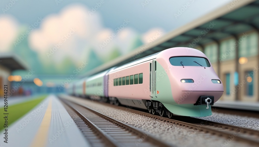 Naklejka premium train, model train, toy train, electric train, high speed train, pastel, focus, train scene, black, white, railroad tracks, station, train station, train, travel, tourism, leisure, 3d, toy, background