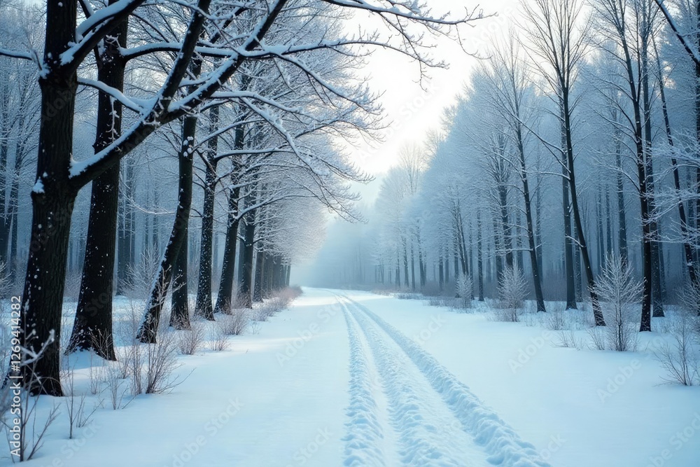 Naklejka premium Frosty forest landscape with snowdrifts and bare trees, serene, bare