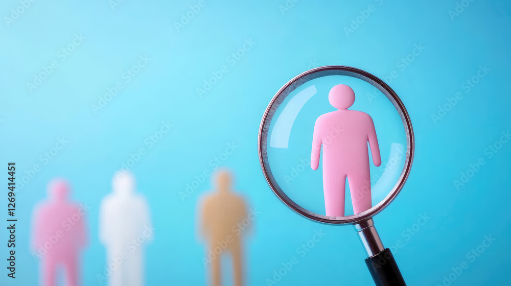 Human resources magnifying glass focuses on pink figure, symbolizing analysis and selection. blurred figures in background represent options or choices. Search job Human resources magnifying glass focuses on pink figure, symbolizing analysis and selection. blurred figures in background represent options or choices. Search job