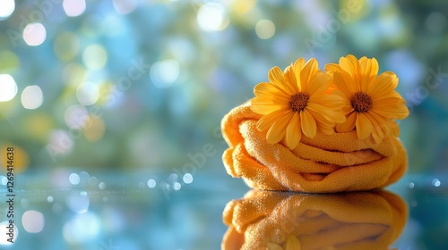 Relaxing spa setup with fresh flowers and a towel on a sunny day
