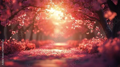 Blossoming cherry trees lining a tranquil path in a serene park during spring...