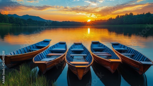 Breathtaking sunset view over calm waters with traditional boats lined up on ...