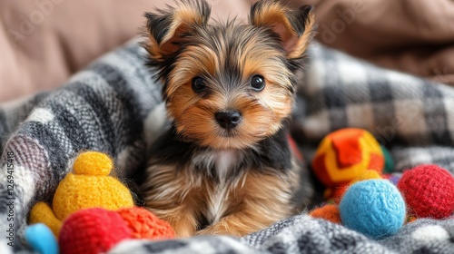 Playful puppy surrounded by colorful balls on a cozy blanket indoors