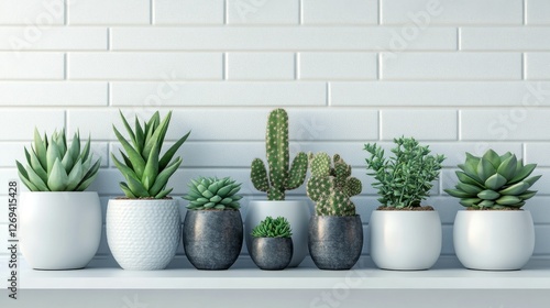 Arrangement of colorful succulent plants in white pots on a shelf