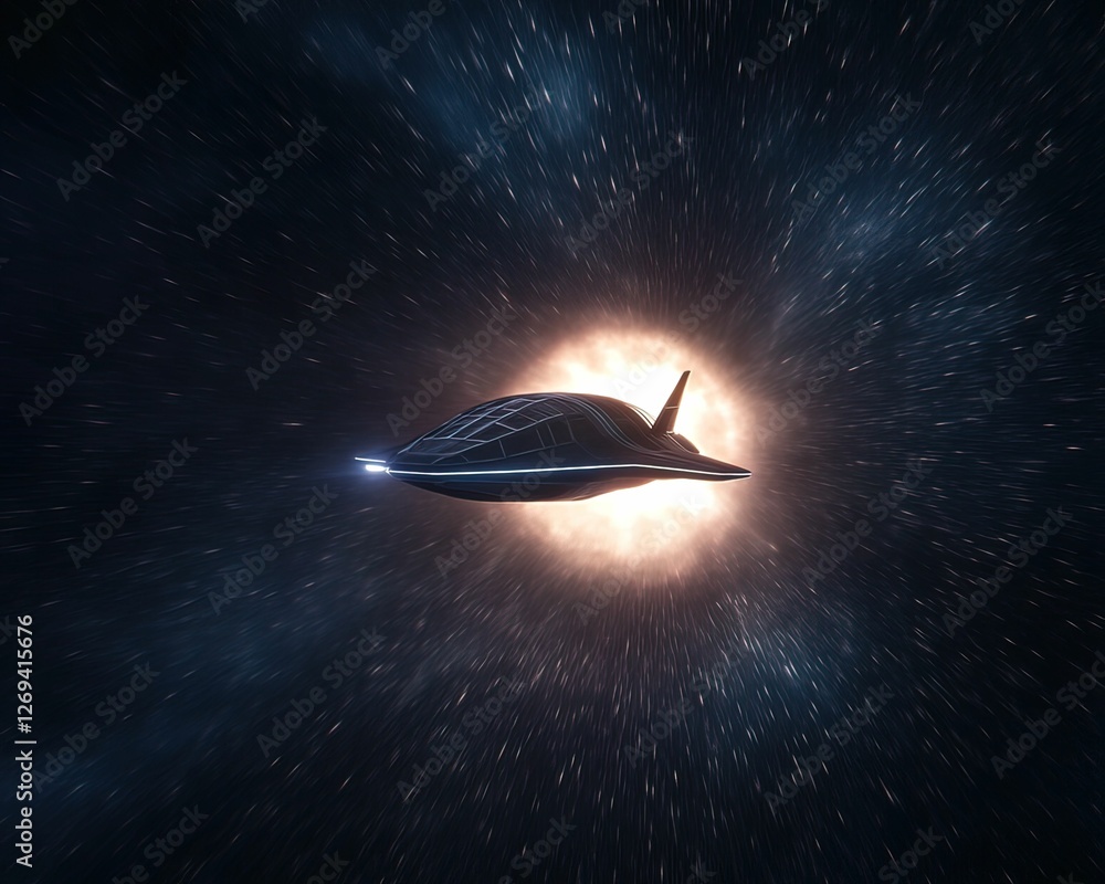 Obraz premium A sleek spaceship travels through the cosmos, illuminated by a radiant celestial body, creating an awe-inspiring scene of space exploration.