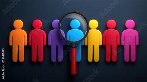 Wallpaper Mural Human resources Colorful human figures with magnifying glass highlighting one, symbolizing recruitment and selection processes in modern context. Search job Torontodigital.ca