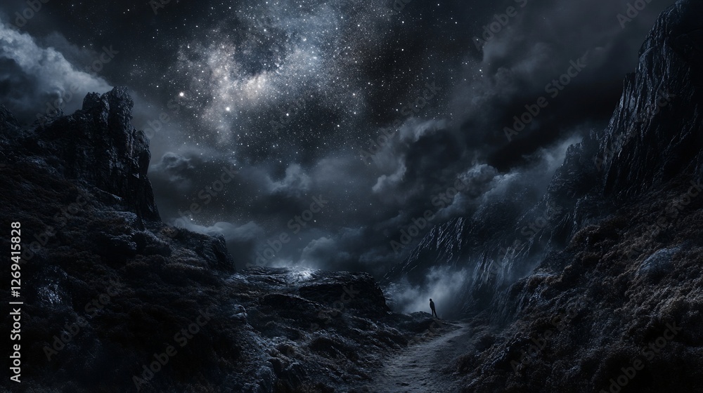 Fototapeta premium Solitary figure on a path through dark, mountainous landscape under a starry sky.