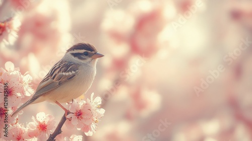 Bird resting on a branch with blooming cherry blossoms in soft spring light