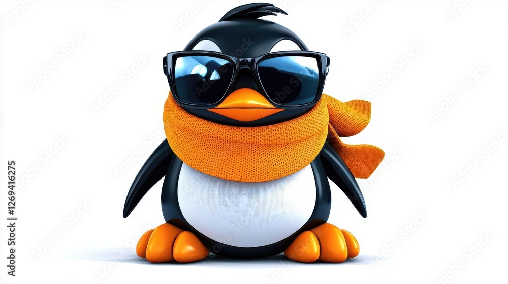 Obraz premium Cool cartoon penguin wearing sunglasses and a stylish scarf, perfect for playful and fun imagery.