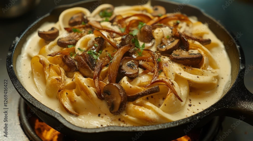 Creamy pasta with mushrooms and caramelized onions served in a skillet on a stovetop Creamy pasta with mushrooms and caramelized onions served in a skillet on a stovetop