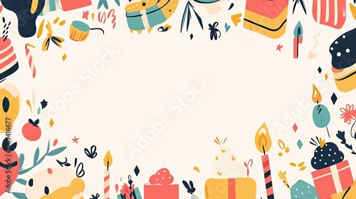 A playful border with a mix of bright, hand-drawn birthday elements like cakes, presents, and candles, leaving the center blank